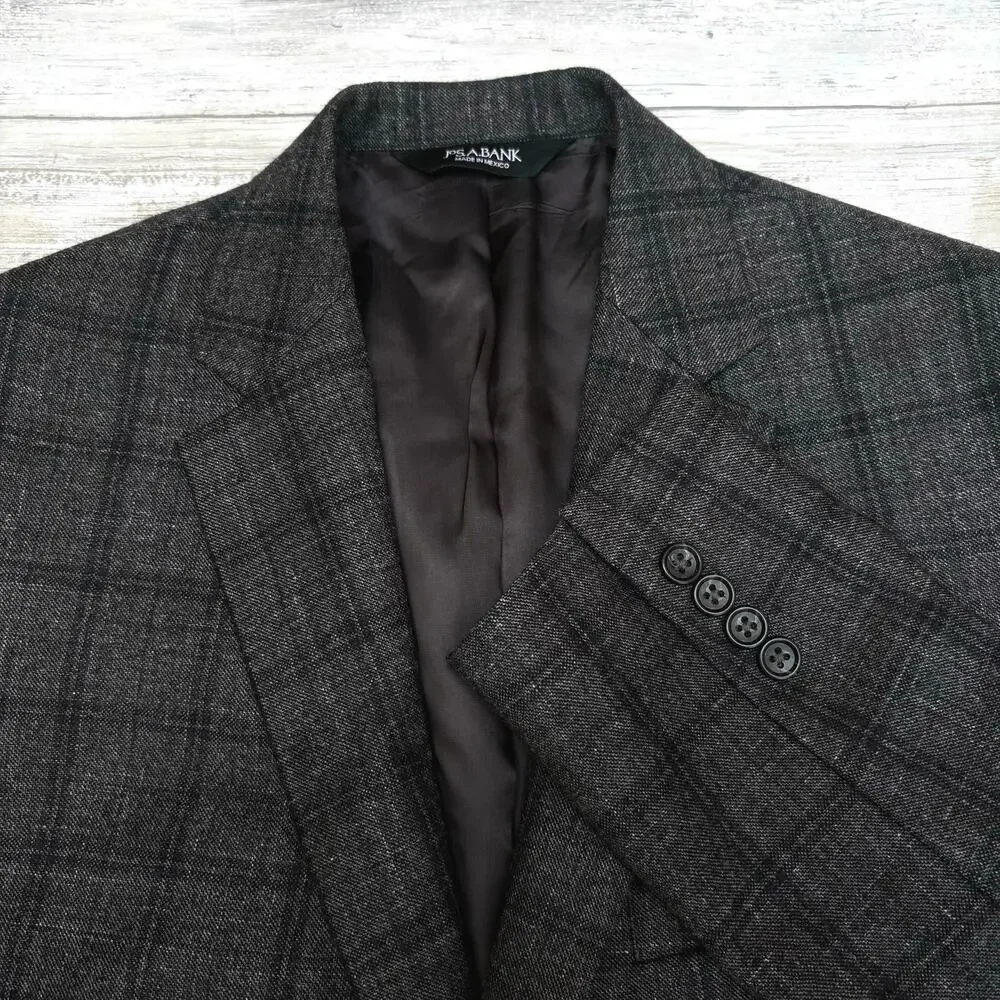 Jos A Bank Sport Coat Sz 42 Long Gray Windowpane Wool Silk Linen Single Breasted
